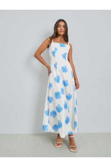 Blue Seashell Print A-Line Maxi Dress