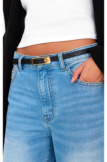 Black PU Square Buckle Skinny Belt