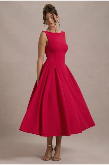 فستان ميداكسي بحافة منفوخة - أحمر