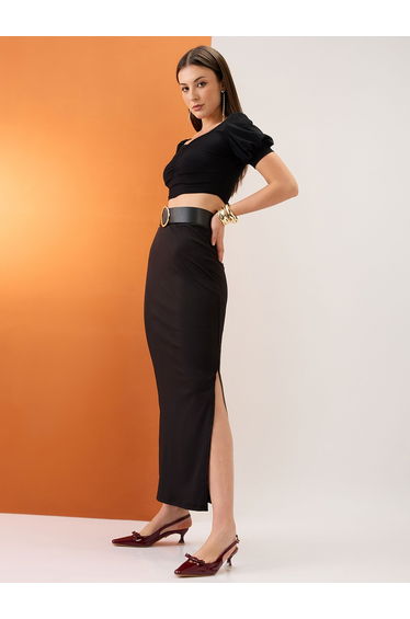 Black Stretchable Side Slit Maxi Pencil Skirt