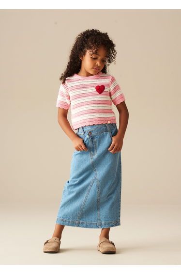 Kendal Asymmetric Waist Denim Midi Skirt - Blue