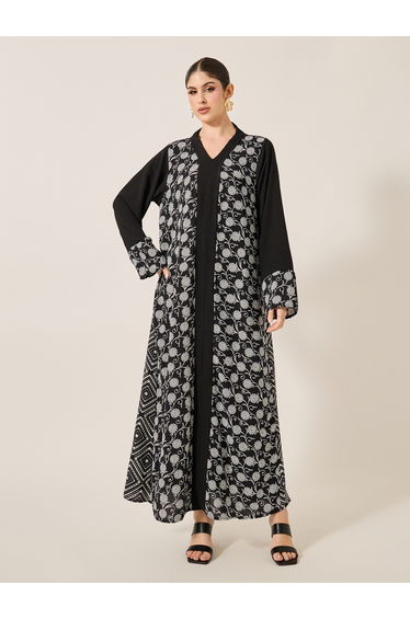 Printed Panel V-Neck A-Line Jalabiya