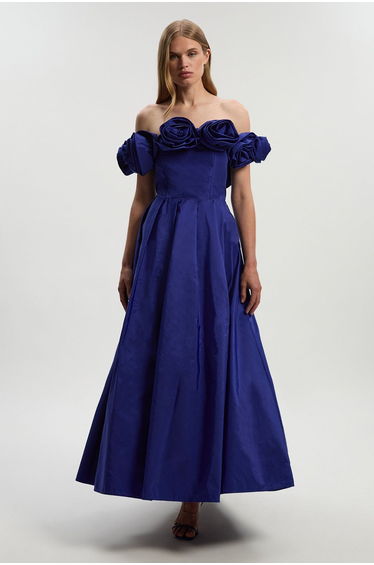 Petite Drama Taffeta Rosette Woven Maxi Prom Dress