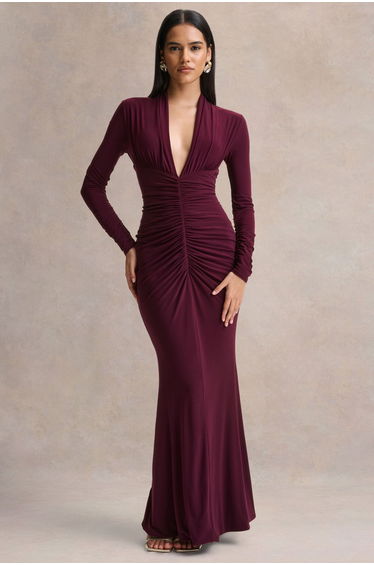 Tami | Plum Plunge-Neck Long Sleeve Maxi Dress