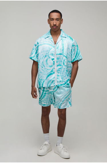 Oversized Short Sleeve Water Print Satin Shirt & Short Set - blue