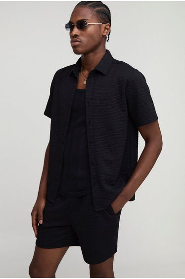 Short Sleeve Textured Stretch Shirt and Shorts Set