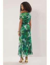 Green-Multicolored Abstract Patterned Lined Tulle Knit Maxi Evening Prom Dress - 3