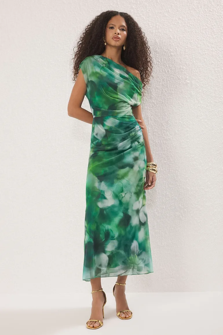 Green-Multicolored Abstract Patterned Lined Tulle Knit Maxi Evening Prom Dress