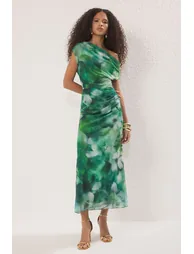 Green-Multicolored Abstract Patterned Lined Tulle Knit Maxi Evening Prom Dress