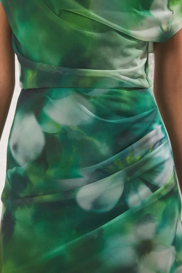 Green-Multicolored Abstract Patterned Lined Tulle Knit Maxi Evening Prom Dress - 2