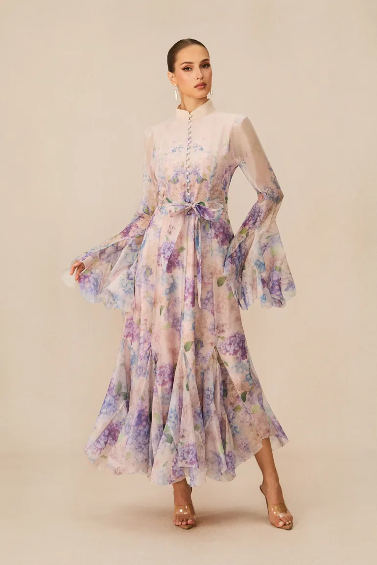 river island purple floral frill maxi dress Midi Dresses Purple Floral Frill Maxi Dress River Island Alessia Floral  Print Ruffle Cuff Maxi Dress Sunfere Multicolour