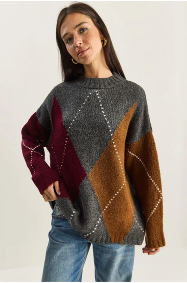 LUCCI Oversized Knitted Diamond Pattern Sweater