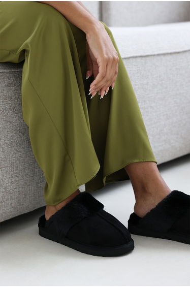 Sylvia Black Suede Mule Slippers With Cosy Faux Fur Trim