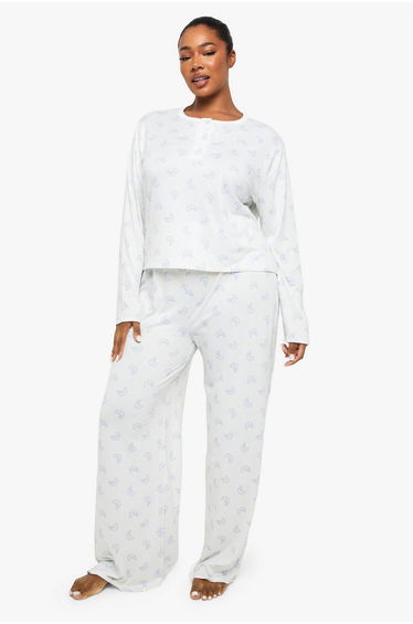 Plus Super Soft Croissant Button Top & Trouser PJ Set - white