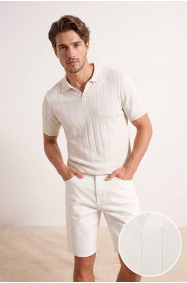 Ecru Regular/Normal Cut Line Textured Knitwear Polo Neck T-Shirt
