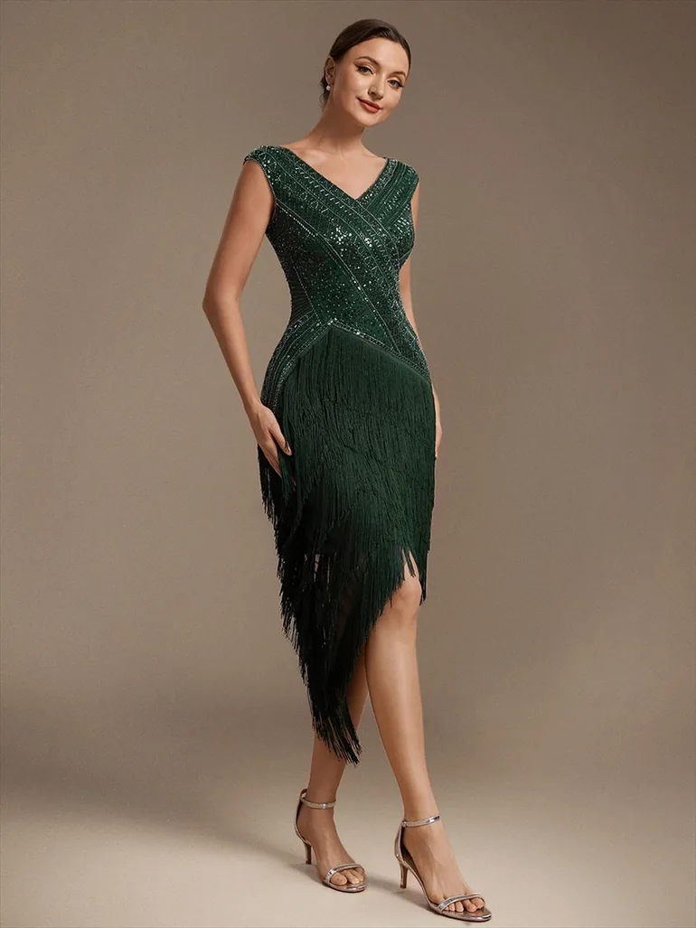 Sleeveless V-Neck Beaded Tulle Asymmetrical Cocktail Dresses - 2