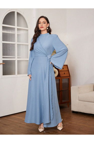 Blue Texture High Neck Bell Sleeve Maxi Dress