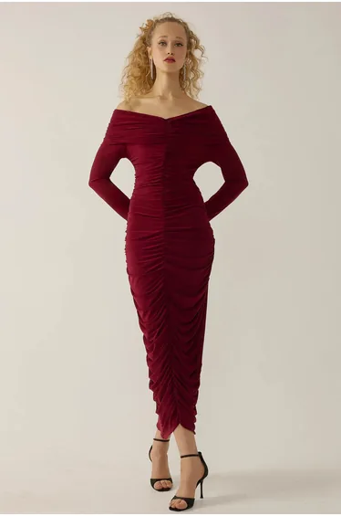 Off Shoulder Draped Bodycon Maxi Dress