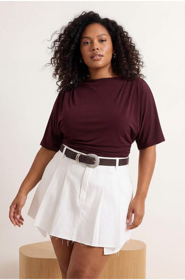 Brown Fitted/Bodycon Boat Neck Short Sleeve Stretchy Knitted Blouse