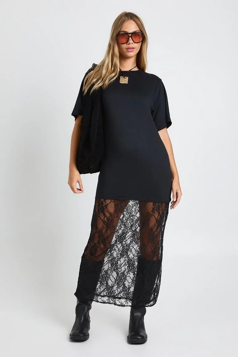 lace up t shirt dress Petite Lace Detail Midaxi T-Shirt Dress
