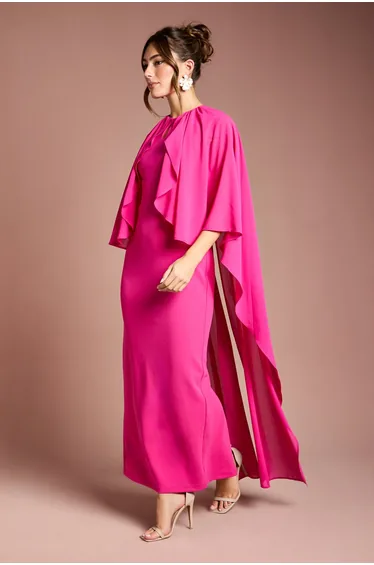 Ruffle Chiffon Cape Crepe Maxi Dress