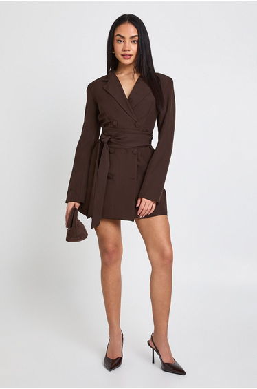 Obi Tie Waist Tailored Blazer Dress - espresso