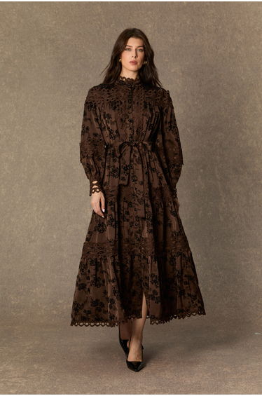 Romantic Vintage Brown Floral Print Lace Trim Midi Dress