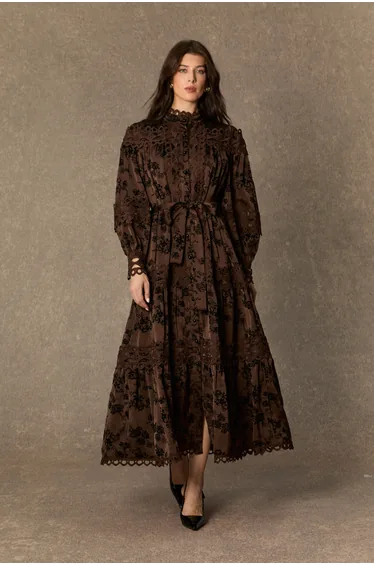 Romantic Vintage Brown Floral Print Lace Trim Midi Dress