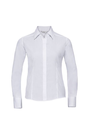 Russell Collection Ladies/Womens Long Sleeve Poly-Cotton Easy Care Fitted Poplin Shirt - White