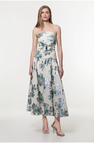 Tall Diamante Trim Bodice Detail Metallic Jacquard Prom Dress