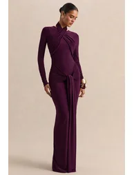 Linessa | Dark Plum High-Neck Maxi Dress With Sash And Gathered-Detailing - 5