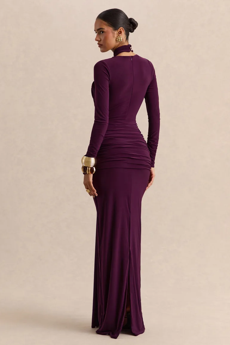 Linessa | Dark Plum High-Neck Maxi Dress With Sash And Gathered-Detailing - 1