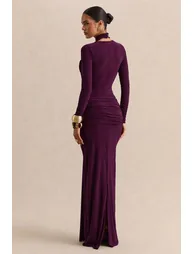 Linessa | Dark Plum High-Neck Maxi Dress With Sash And Gathered-Detailing - 1