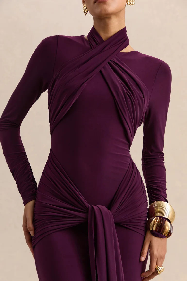 Linessa | Dark Plum High-Neck Maxi Dress With Sash And Gathered-Detailing - 3