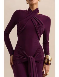 Linessa | Dark Plum High-Neck Maxi Dress With Sash And Gathered-Detailing - 3