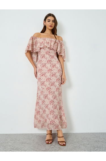 Women Beige Floral Cape Sleeve Sheath Maxi Dress