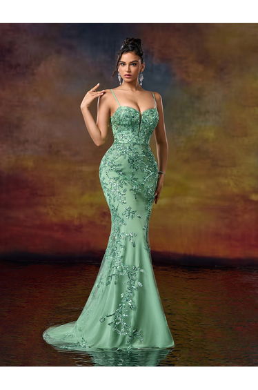 Modecrush Beaded Flower Embroidered Evening Dress