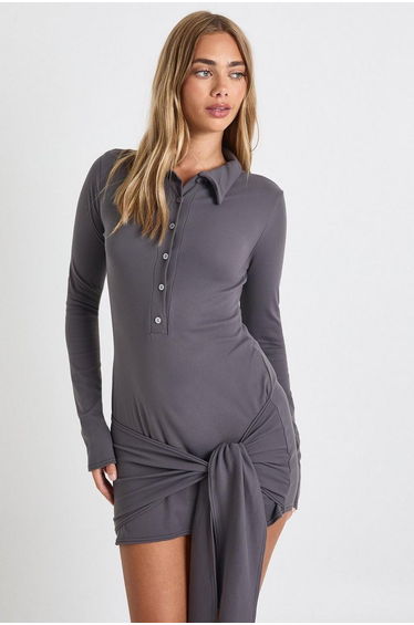 Ultra Soft Touch Ruched Button Down Wrap Shirt Dress