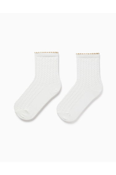 Crew socks with jacquard and lurex for girls, white/golden