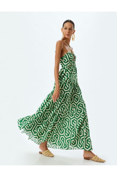 Long Halter Neck Summer Dress Unlined Window Detail Geometric Patterned Cotton