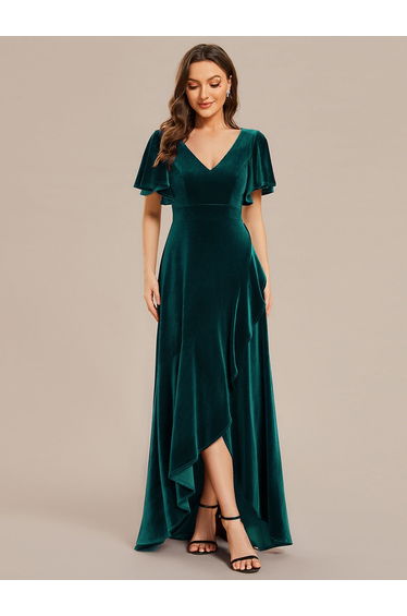 ever SYLVA|Double V-Neck Short Sleeves Stretchy Velvet Evening Dress with Lotus Leaf Hem