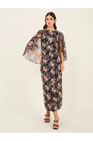 All-Over Floral Print Cape Sleeve Maxi Dress