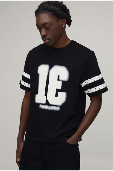 Regular Boxy Fit Washed Varsity Print Panel T-Shirt - black