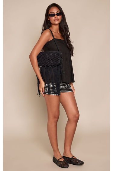 Black Linen Look Strappy Cami Top