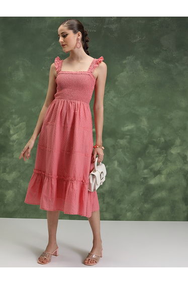 Smocked Sleeveless Cotton Tiered Midi Dress