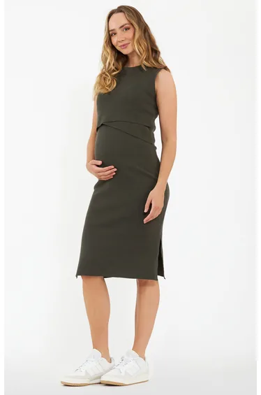 Layered Knit Nursing Dress (Khaki)