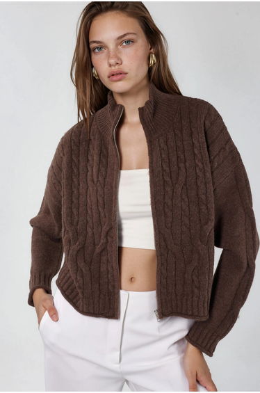 Crop Soft Touch Zip-Up Cable Knit Cardigan