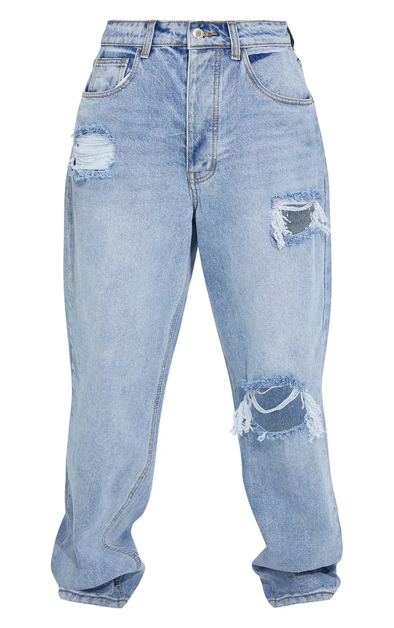 PRETTYLITTLETHING Light Blue Wash Open Knee Boyfriend Jeans - 4