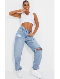 PRETTYLITTLETHING Light Blue Wash Open Knee Boyfriend Jeans