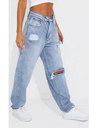 PRETTYLITTLETHING Light Blue Wash Open Knee Boyfriend Jeans - 1